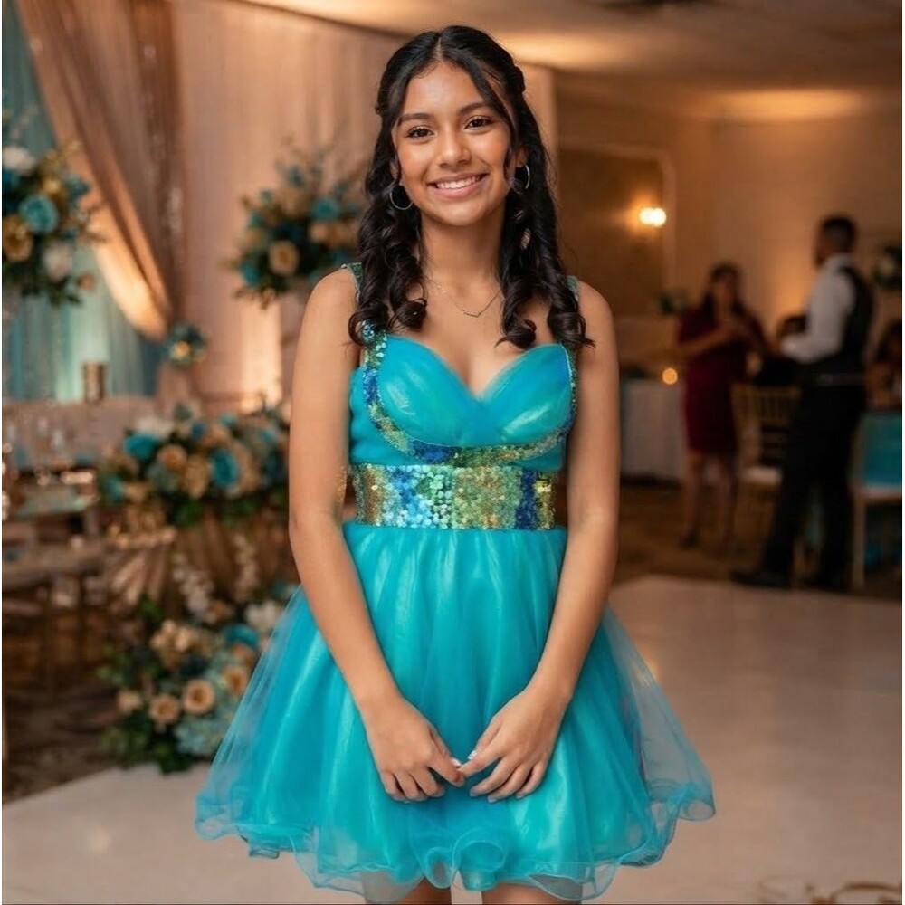 Let’s fashion Turquoise Sequin Sweetheart Tulle Party Dress Homecoming M 8/10